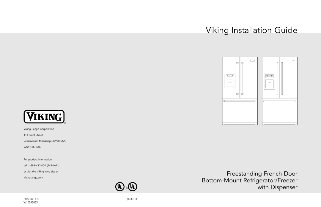 Viking F20712C EN W10345055 (093010) manual Viking Installation Guide, with Dispenser, Ul C Ul 