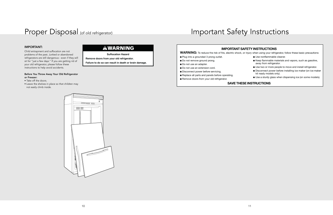Viking F20712C EN W10345055 (093010) manual Important Safety Instructions, Proper Disposal of old refrigerator 