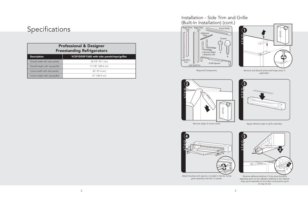 Viking F20713 manual Specifications, Left Shim Trim Grille Spacer Left SideTrim 