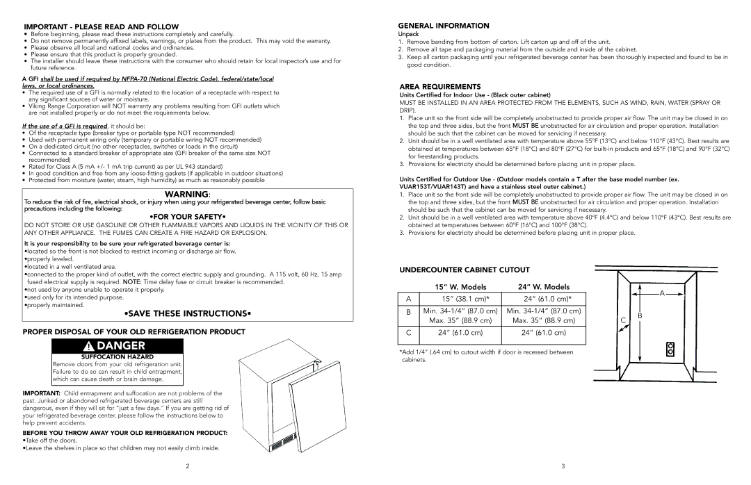 Viking F20725A manual Important Please Read and Follow, For Your Safety, Proper Disposal of Your OLD Refrigeration Product 