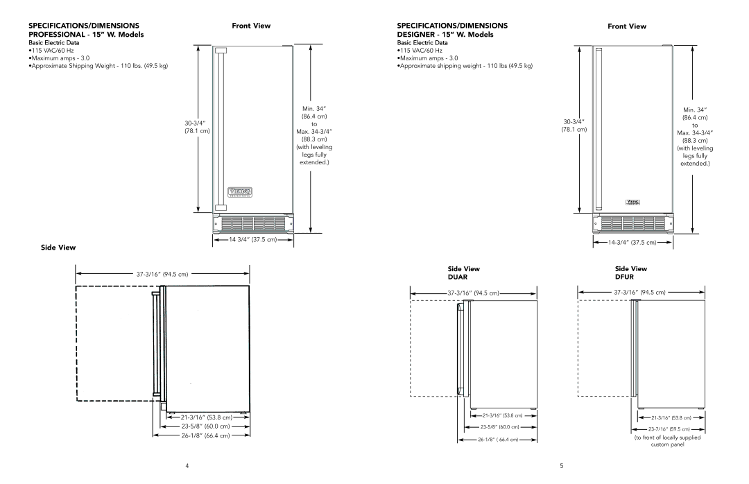 Viking F20725A manual Specifications/Dimensions, Front View, Professional 15 W. Models, Side View 