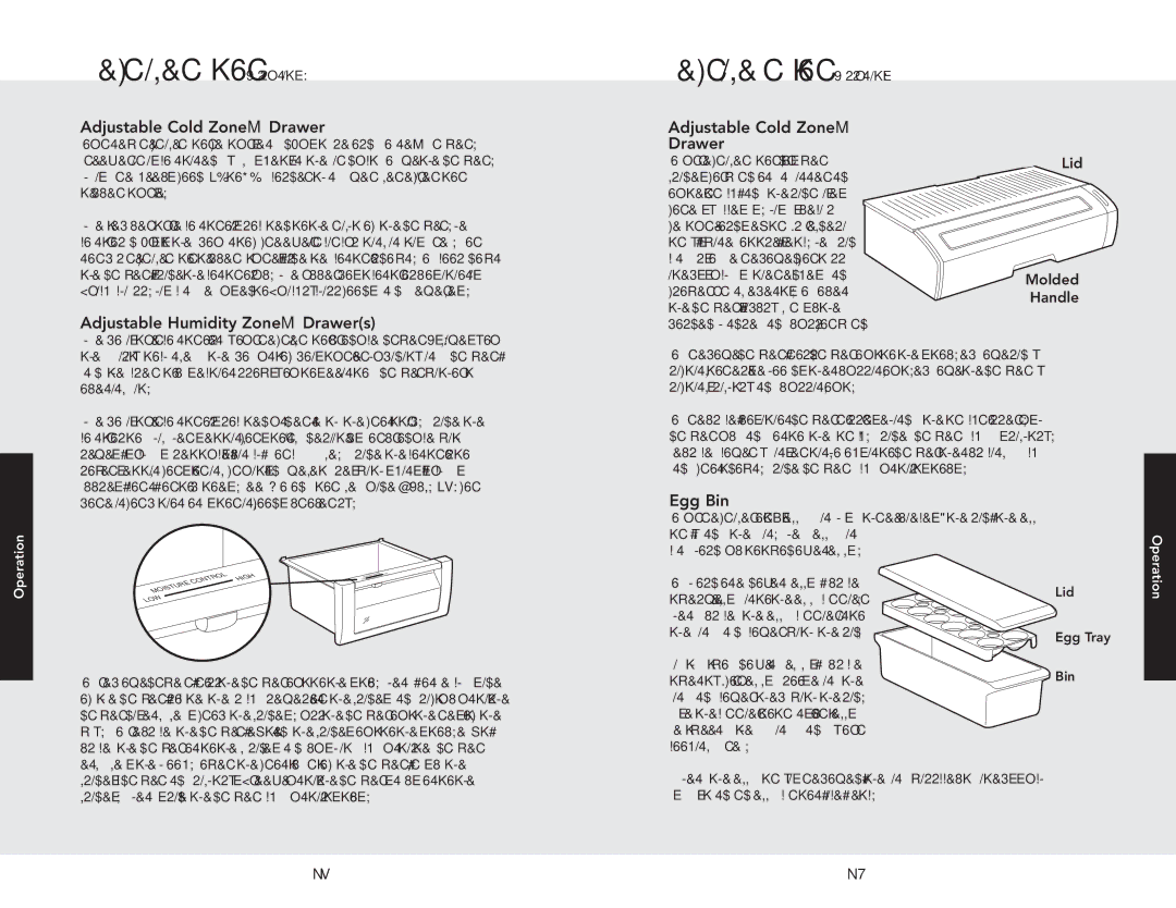 Viking F20841 EN manual Adjustable Cold Zone Drawer, Adjustable Humidity Zone Drawers, Egg Bin 