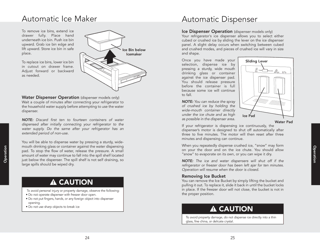 Viking F20841 EN manual Automatic Ice Maker, Automatic Dispenser, Ice Dispenser Operation dispenser models only 
