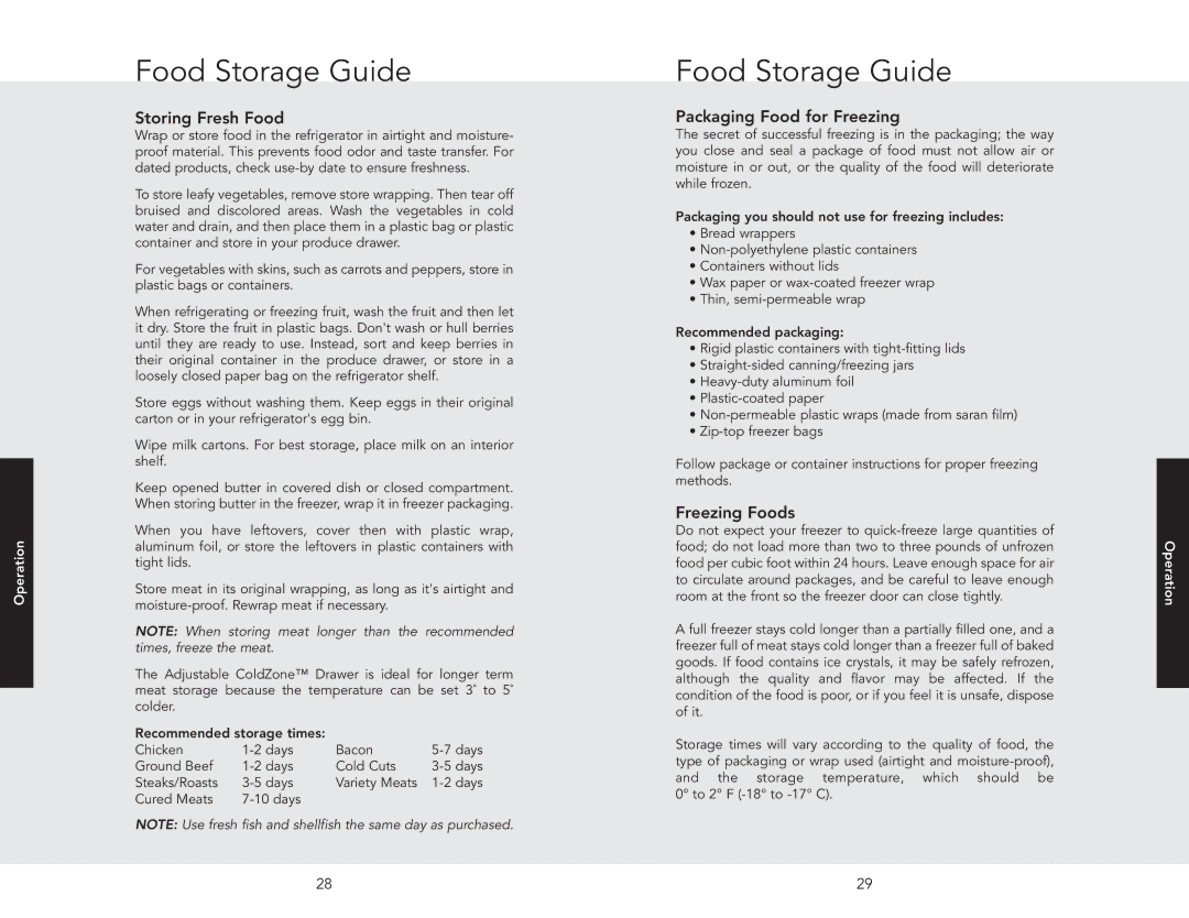 Viking F20841 EN manual Food Storage Guide, Storing Fresh Food, Packaging Food for Freezing, Freezing Foods 