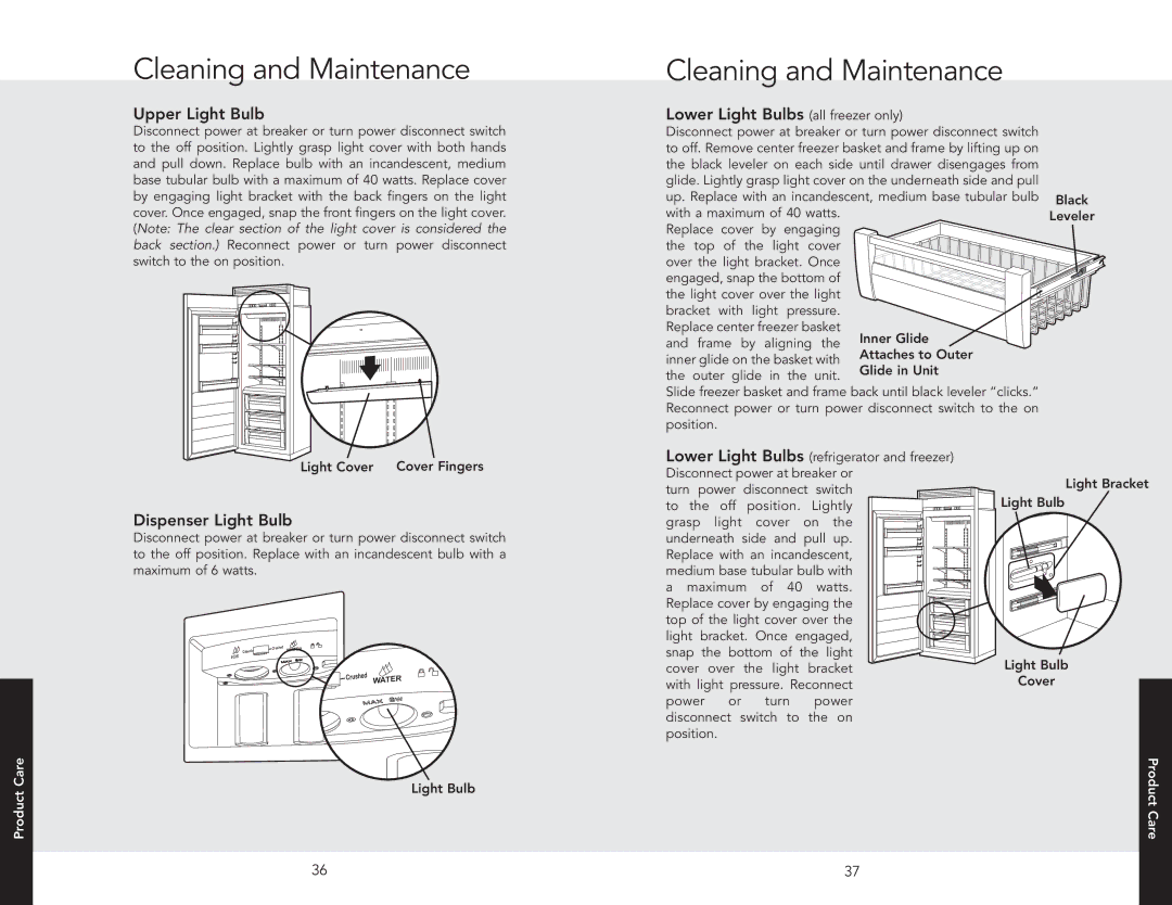 Viking F20841 EN manual Upper Light Bulb, Dispenser Light Bulb, Lower Light Bulbs all freezer only 
