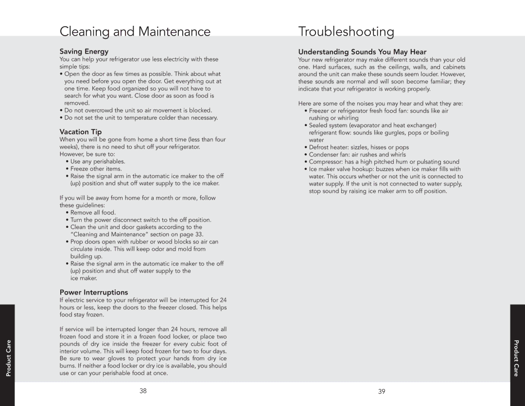 Viking F20841 EN Troubleshooting, Saving Energy, Vacation Tip, Power Interruptions, Understanding Sounds You May Hear 