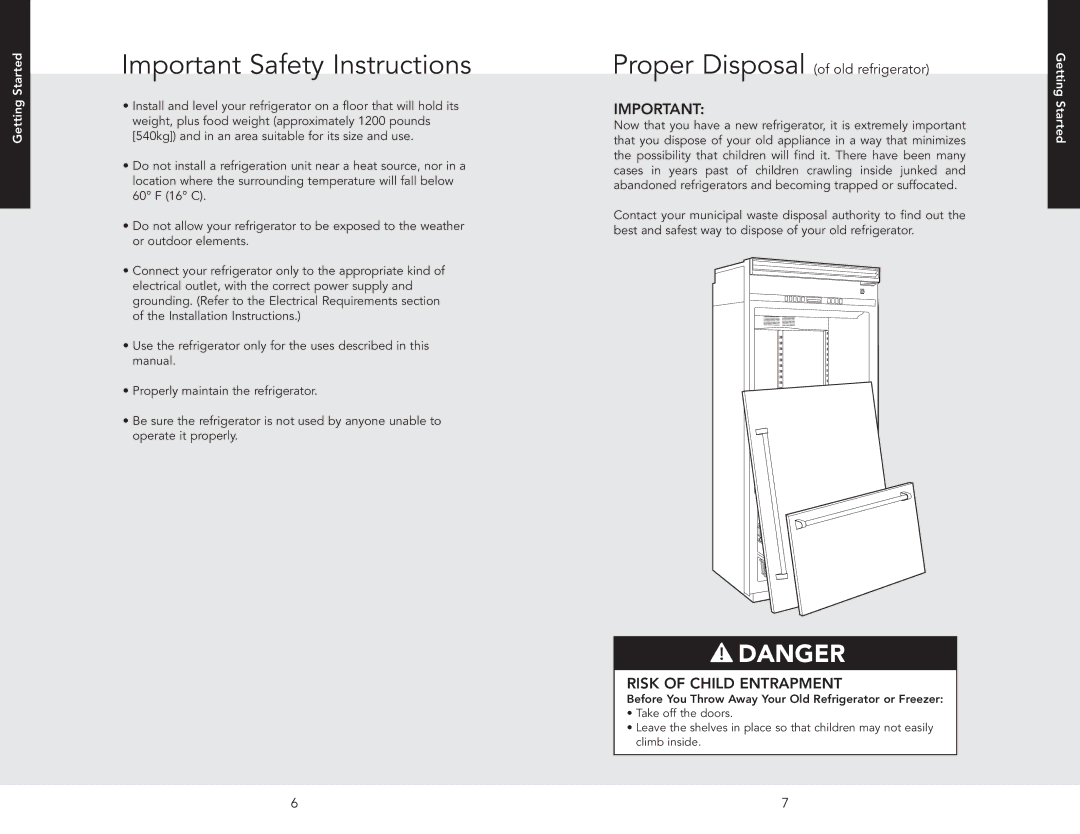 Viking F20841 EN manual Important Safety Instructions, Proper Disposal of old refrigerator 