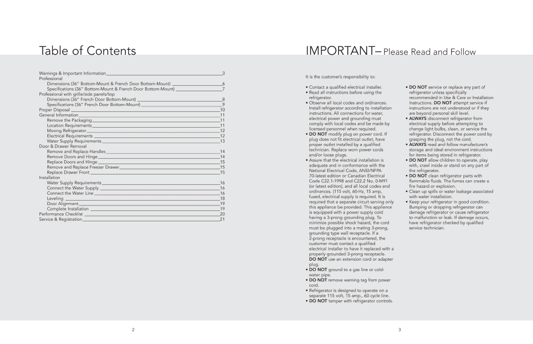 Viking F20872 manual Table of Contents 