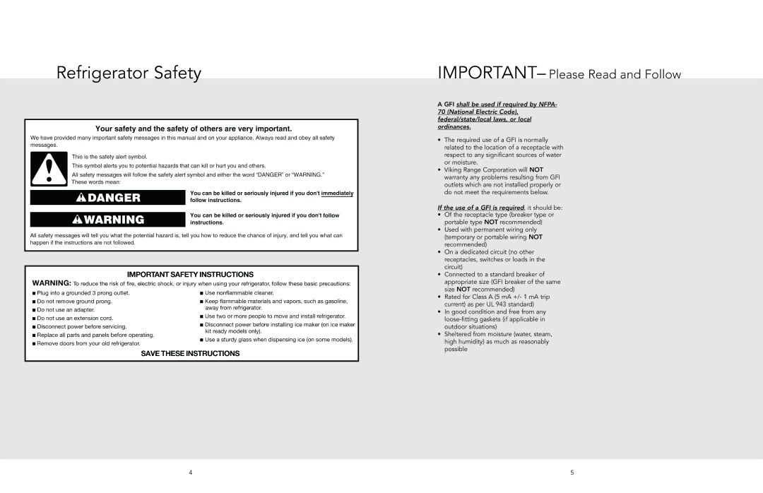 Viking F20872 manual Refrigerator Safety 