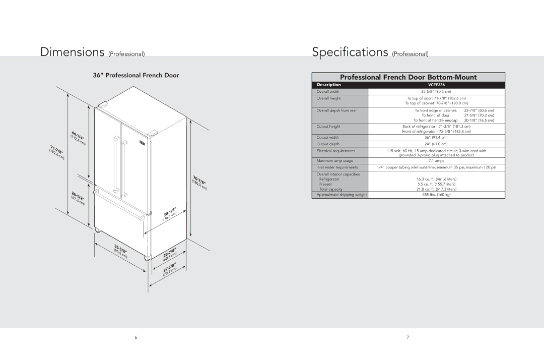 Viking F20872 manual Specifications Professional, Professional French Door Bottom-Mount 