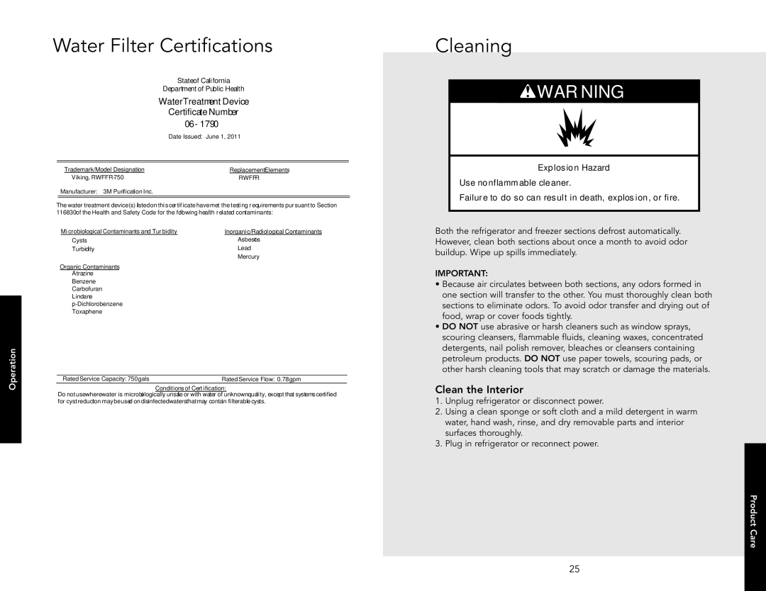 Viking F20875 EN manual Water Filter Certifications, Cleaning, Clean the Interior, Product Care 