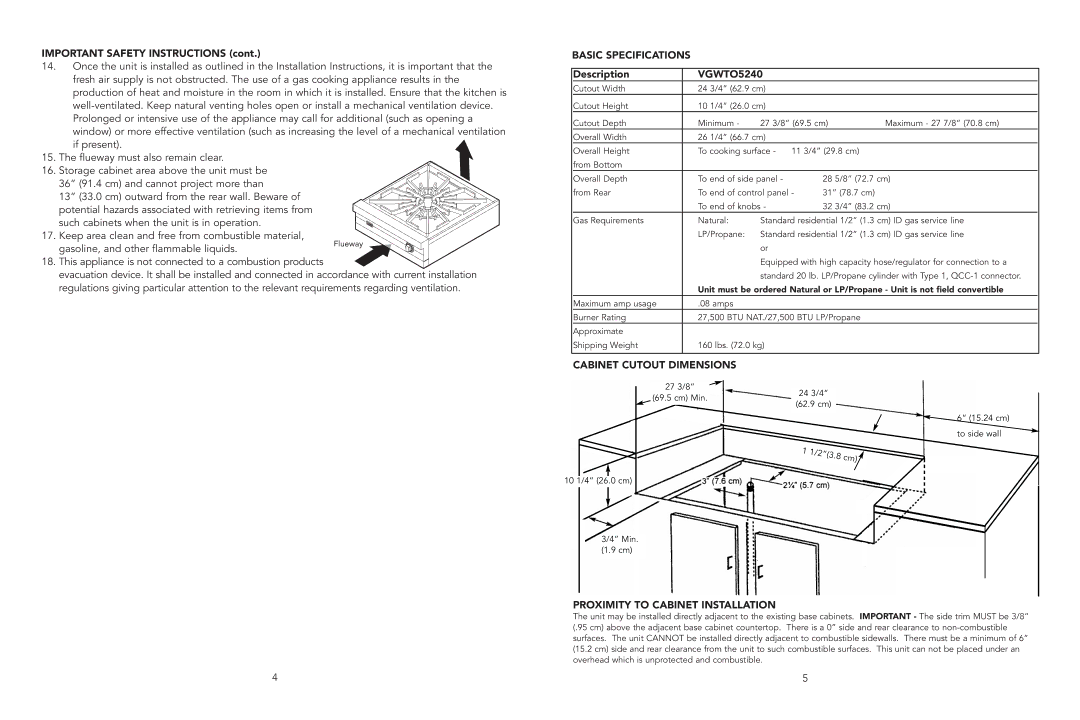 Viking F20900A manual Basic Specifications, VGWTO5240, Cabinet Cutout Dimensions, Proximity to Cabinet Installation 