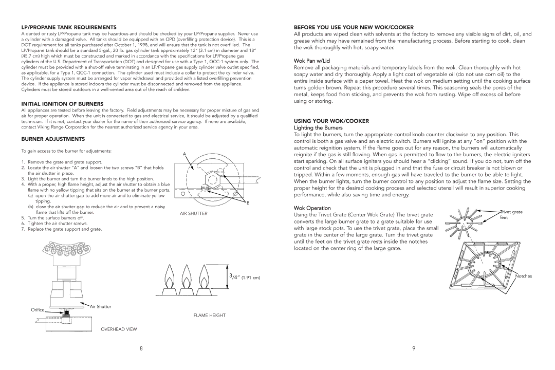 Viking F20900A manual LP/PROPANE Tank Requirements, Initial Ignition of Burners, Before YOU USE Your NEW WOK/COOKER 