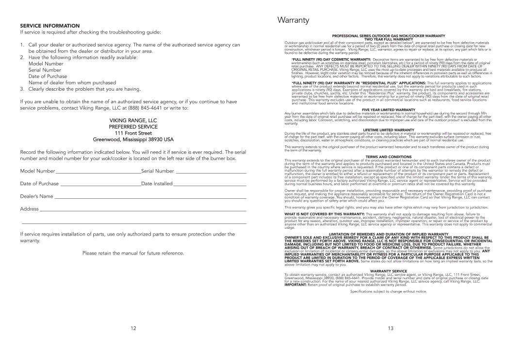 Viking F20900A Service Information, Viking RANGE, LLC Preferred Service, Front Street Greenwood, Mississippi 38930 USA 