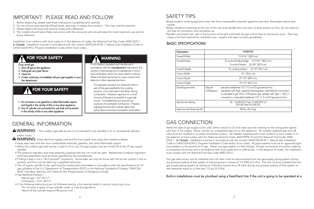 Viking F20921B manual Important Please Read and Follow, Safety Tips, General Information, GAS Connection 