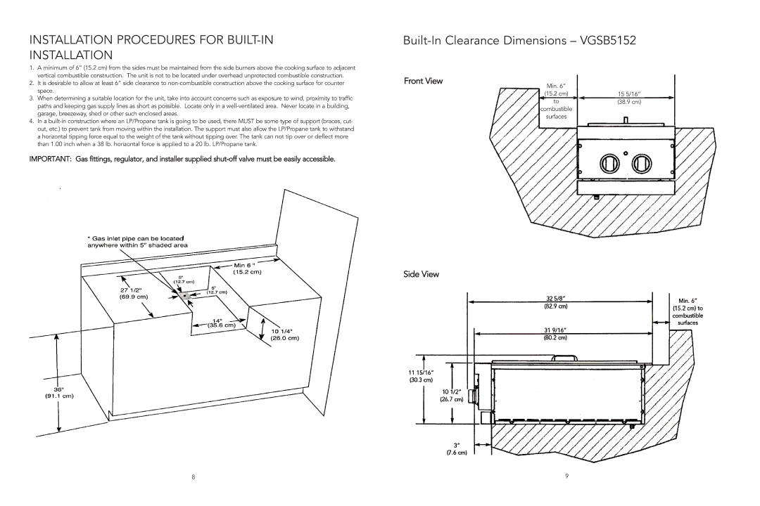 Viking F20921B manual Installation Procedures for BUILT-IN, Built-In Clearance Dimensions VGSB5152 