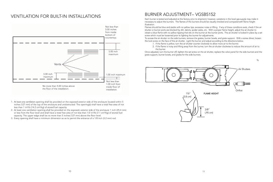 Viking F20921B manual Ventilation for BUILT-IN Installations, Burner ADJUSTMENT- VGSB5152 