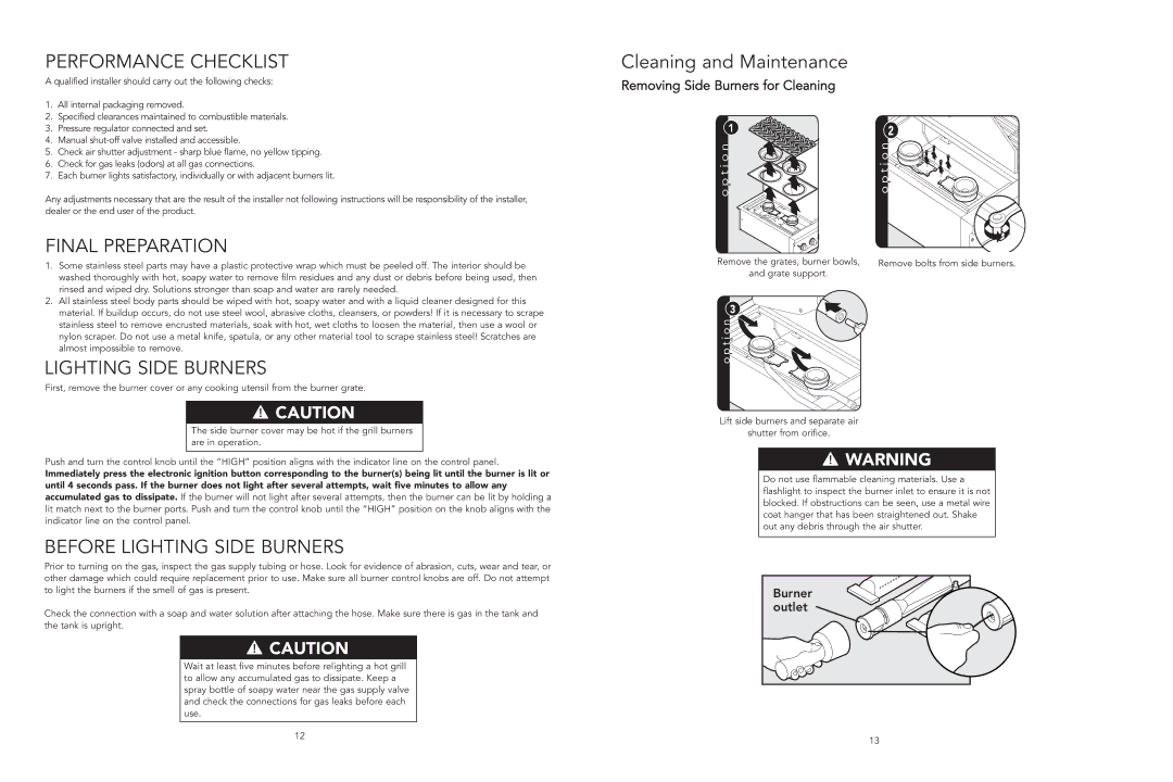 Viking F20921B manual Performance Checklist, Final Preparation, Before Lighting Side Burners, Cleaning and Maintenance 