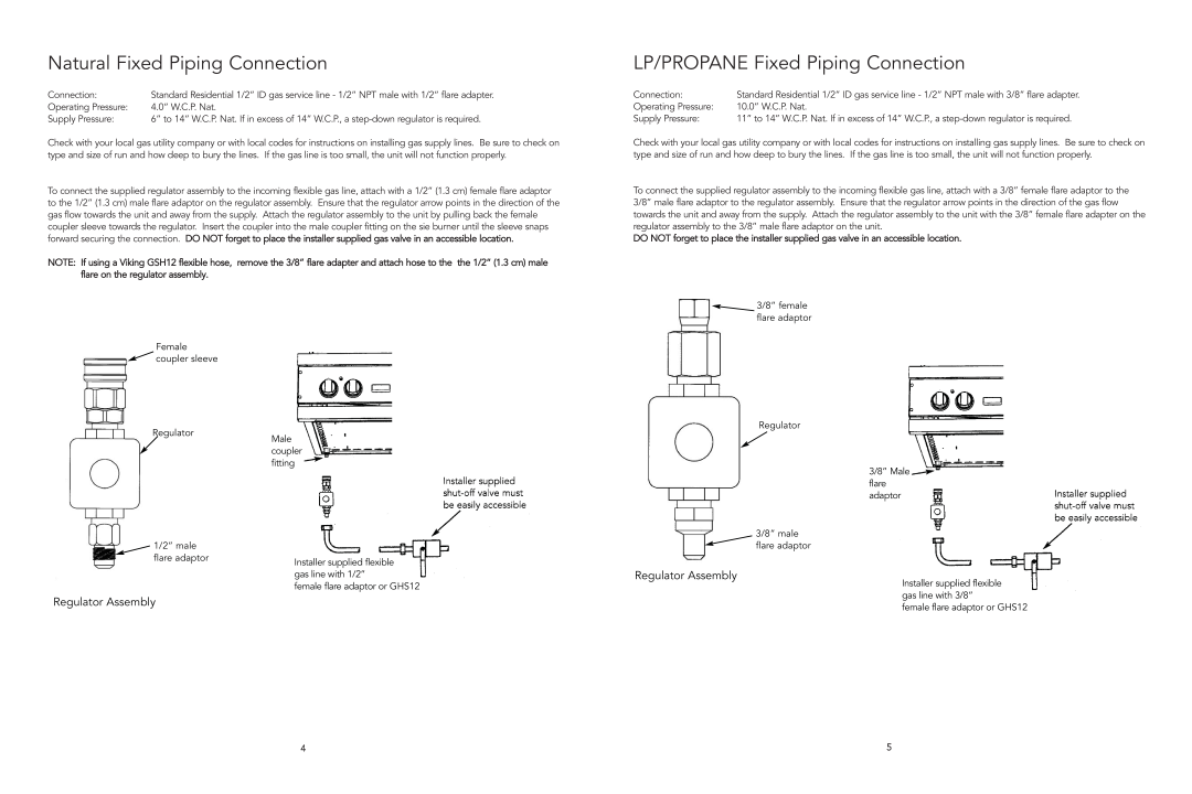Viking F20921B manual Natural Fixed Piping Connection, LP/PROPANE Fixed Piping Connection, Regulator Assembly 