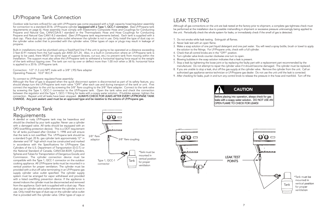 Viking F20921B manual LP/Propane Tank Connection, Leak Testing, LP/Propane Tank Requirements, Leak Test Points 