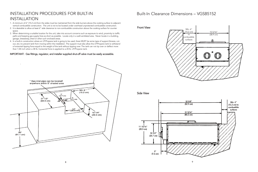 Viking F20921B Installation Procedures For Built-In Installation, Built-InClearance Dimensions - VGSB5152, Front View 
