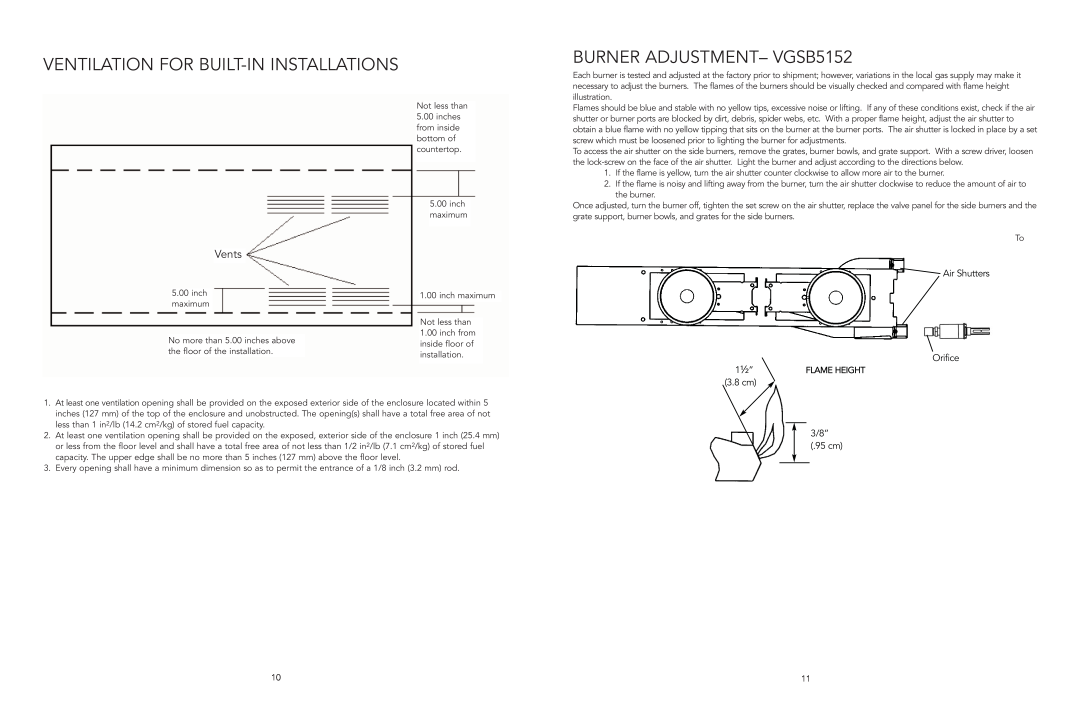 Viking F20921B Ventilation For Built-Ininstallations, BURNER ADJUSTMENT- VGSB5152, Vents, Air Shutters, Orifice, 3.8 cm 