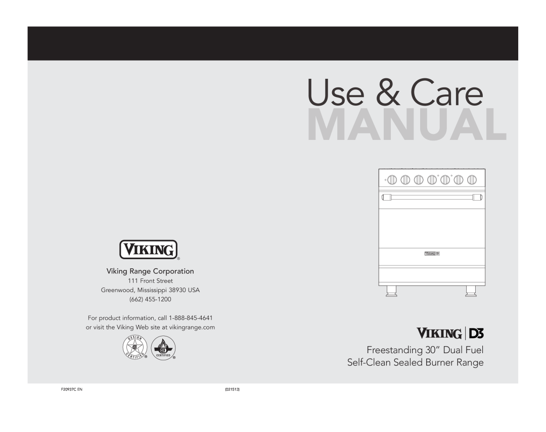 Viking F20937C manual Use & Care, Freestanding 30” Dual Fuel, Self-CleanSealed Burner Range, Viking Range Corporation 