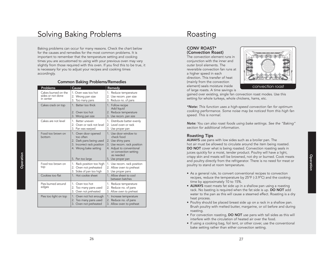 Viking F20937C manual Solving Baking Problems, Roasting, Cause, Remedy 