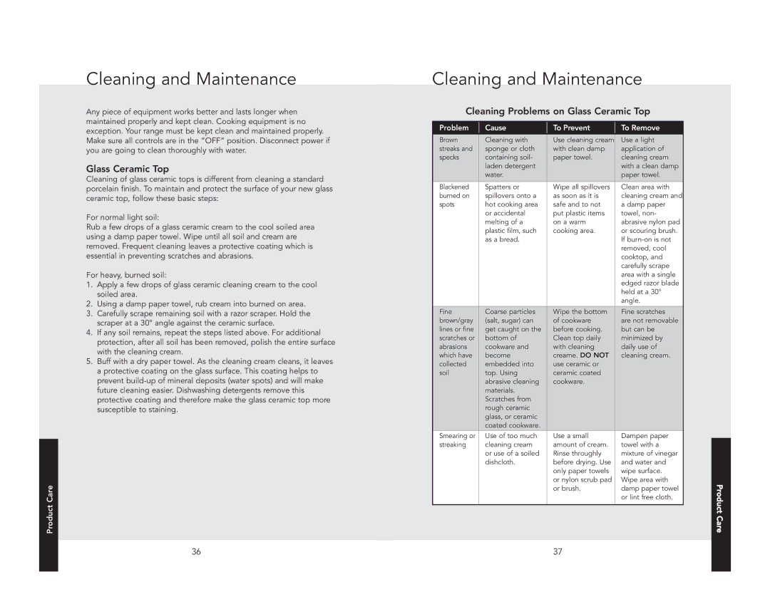 Viking F20941B manual Cleaning and Maintenance, Cleaning Problems on Glass Ceramic Top, Product Care 