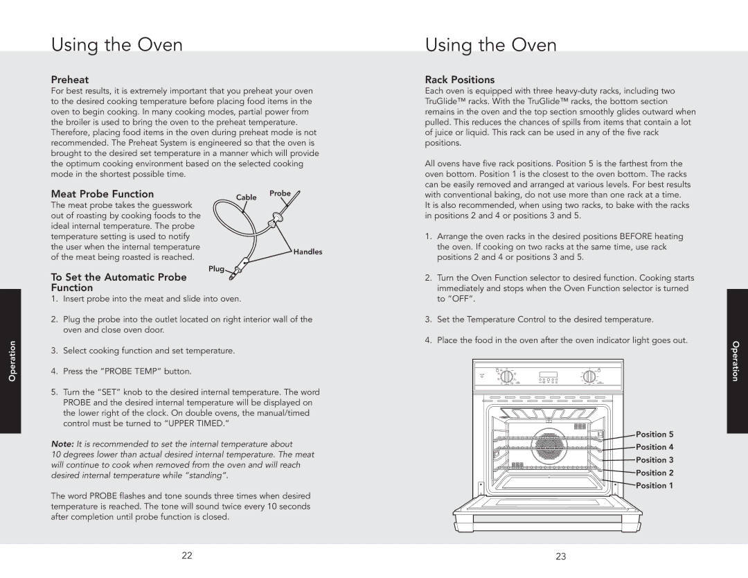 Viking F20945B manual Using the Oven, Preheat, Meat Probe Function, To Set the Automatic Probe Function, Rack Positions 