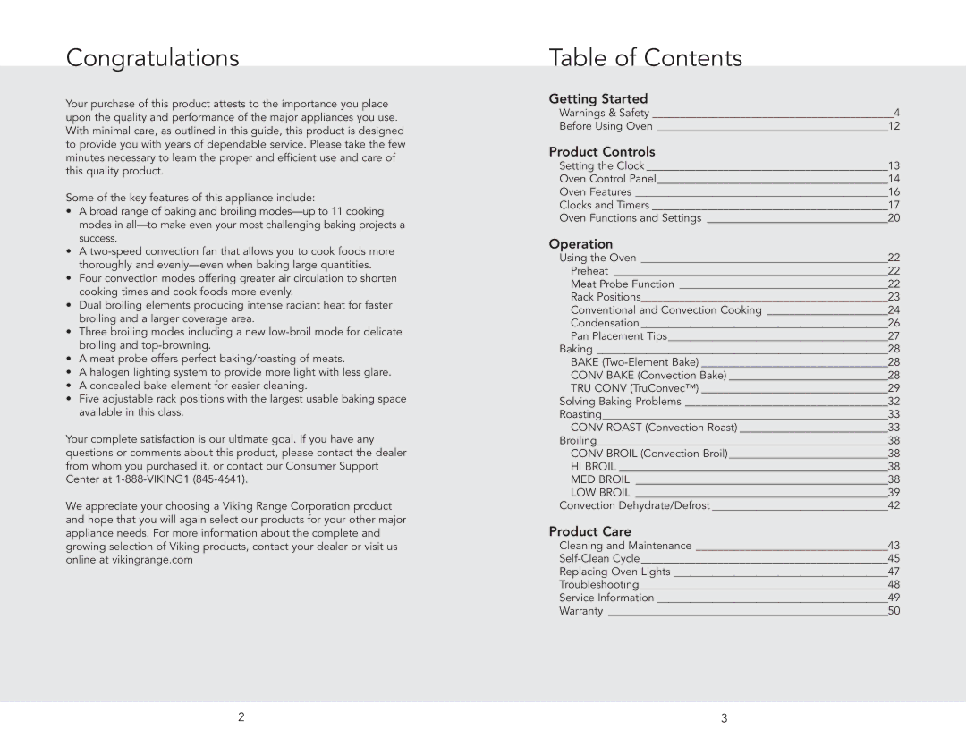 Viking F20945B manual Congratulations, Table of Contents 