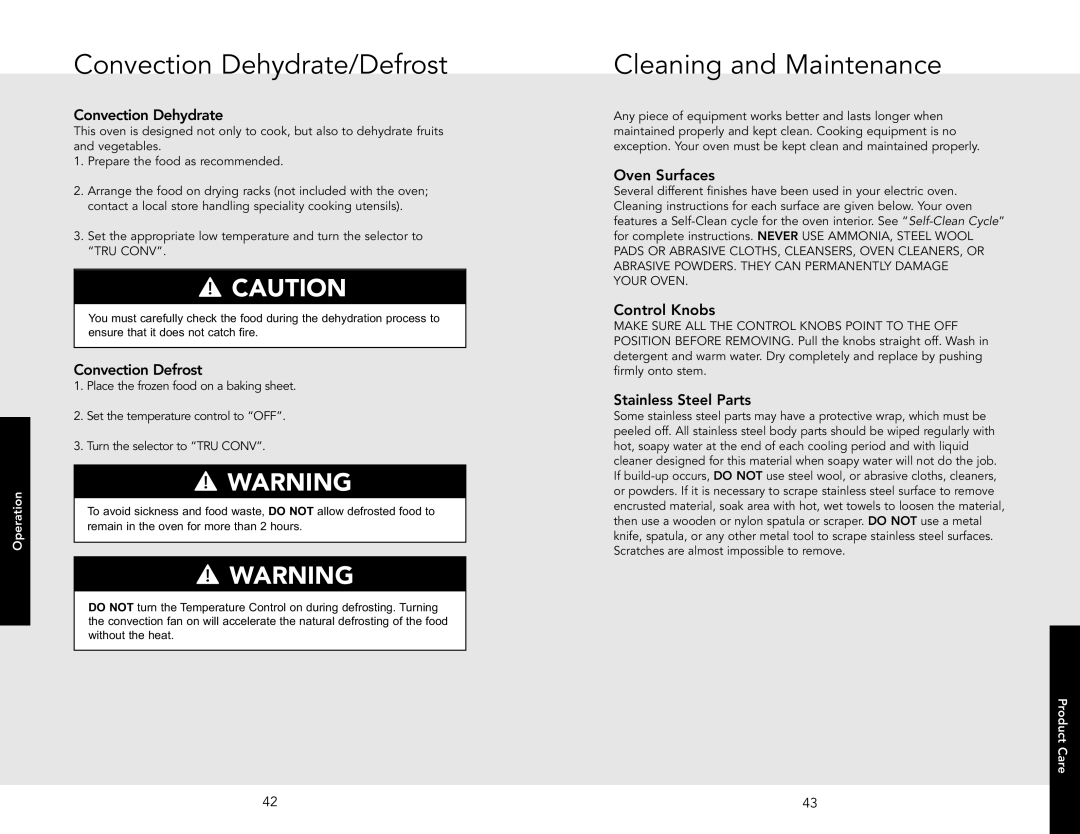 Viking F20945B manual Convection Dehydrate/Defrost, Cleaning and Maintenance 