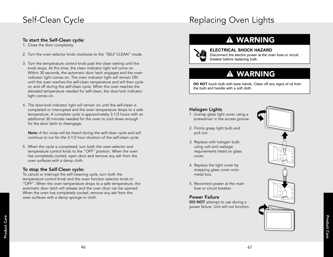 Viking F20945B manual Replacing Oven Lights, To start the Self-Clean cycle, To stop the Self-Clean cycle, Halogen Lights 