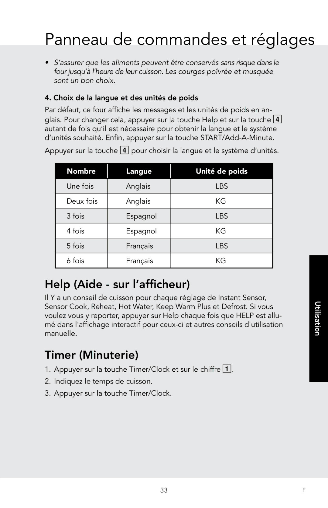 Viking F20974 manual Help Aide sur l’afficheur, Timer Minuterie 