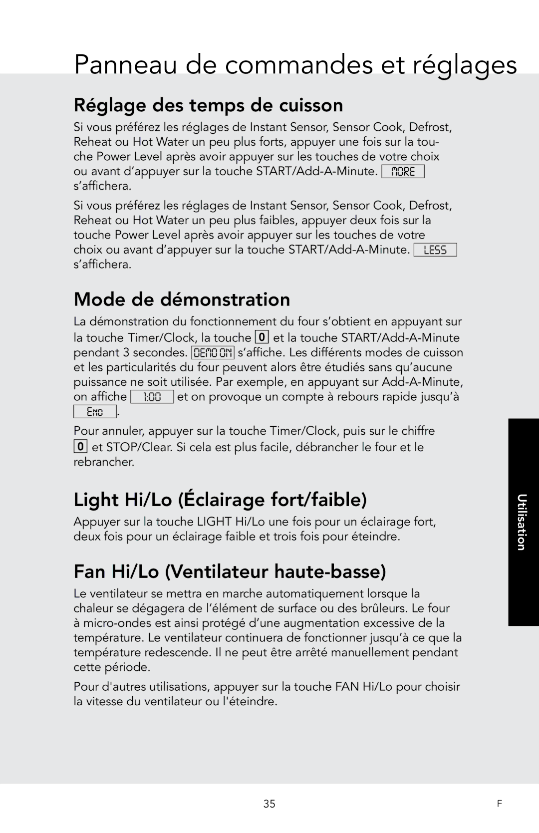 Viking F20974 manual Réglage des temps de cuisson, Mode de démonstration, Light Hi/Lo Éclairage fort/faible 