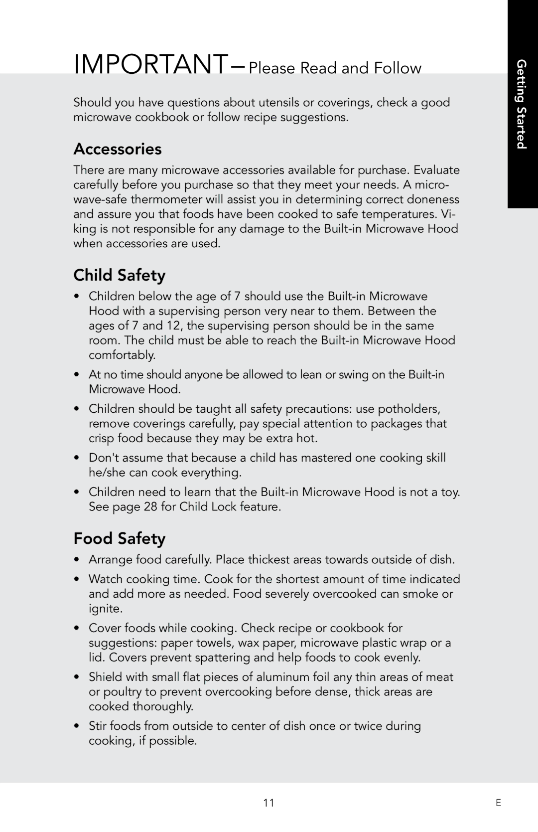 Viking F20974 manual Accessories, Child Safety, Food Safety 