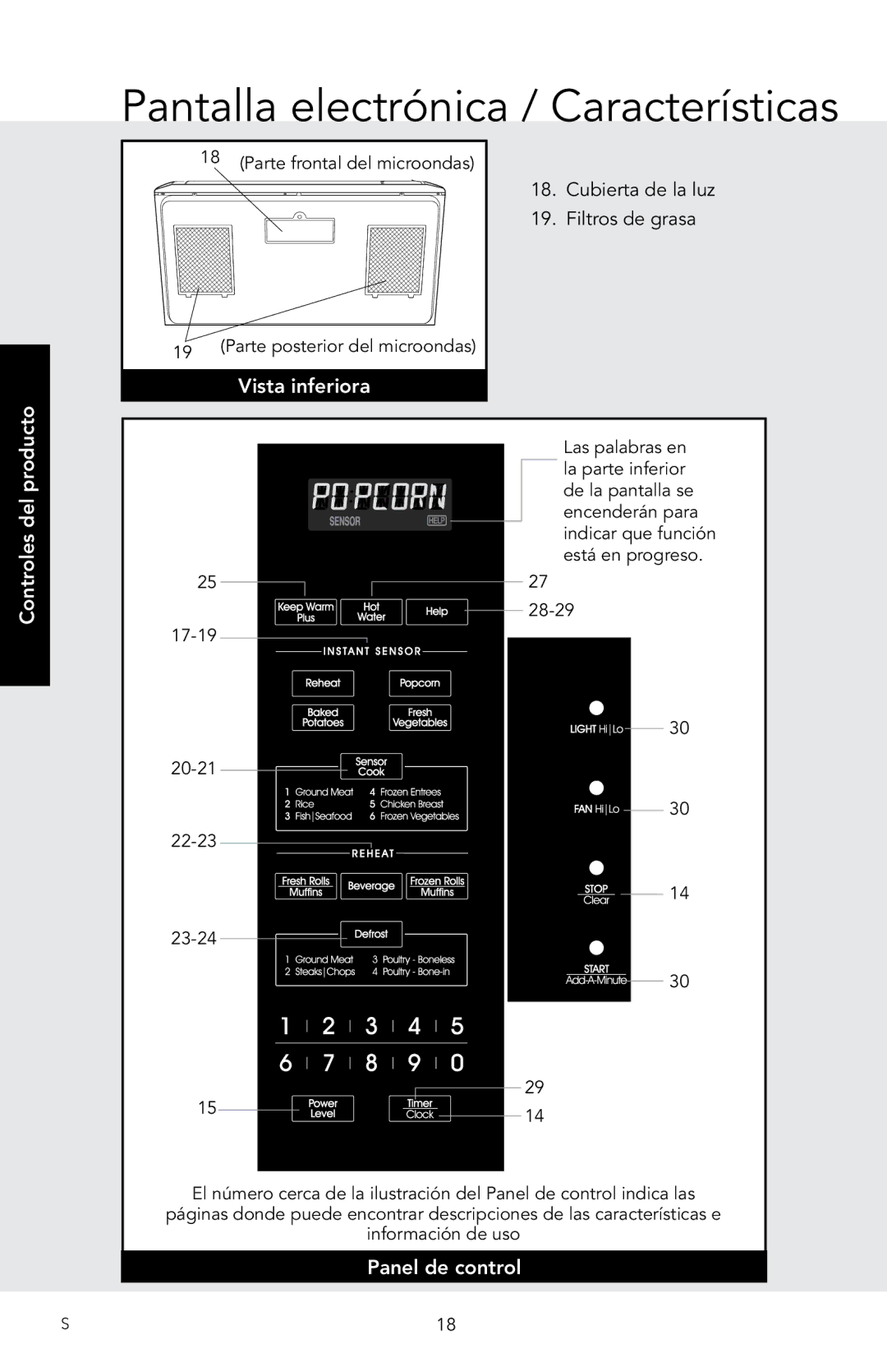 Viking F20974 manual Pantalla electrónica / Características, Vista inferiora, Controles del producto, Panel de control 