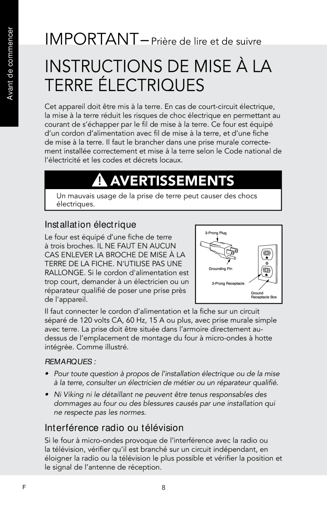 Viking F20974 manual Instructions de mise à la terre électriques, IMPORTANT- Prière de lire et de suivre 