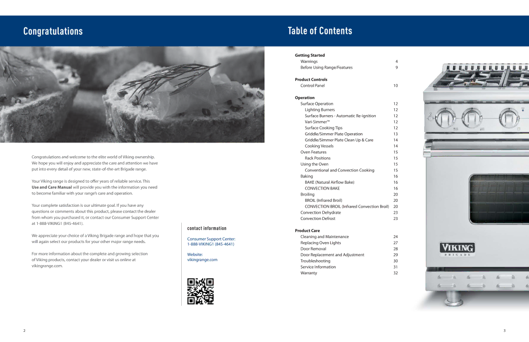 Viking F21032 manual Congratulations Table of Contents 