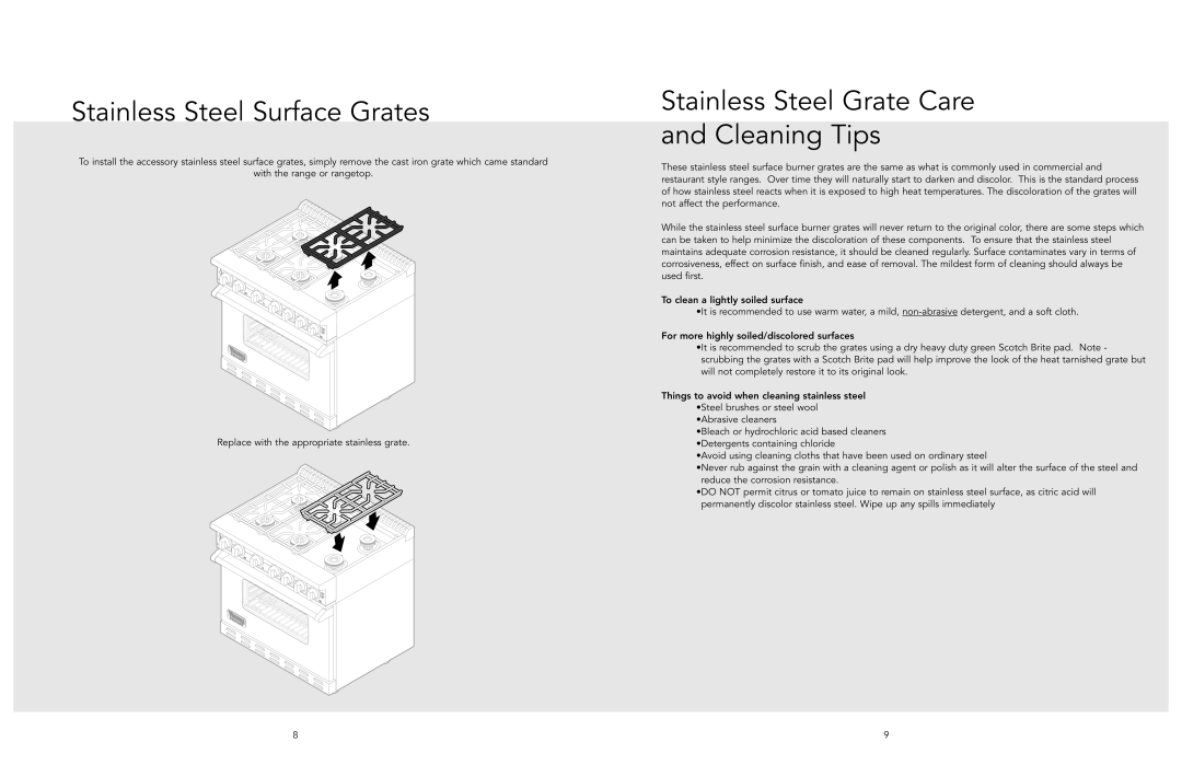 Viking F21040 EN manual Stainless Steel Surface Grates, Stainless Steel Grate Care Cleaning Tips 