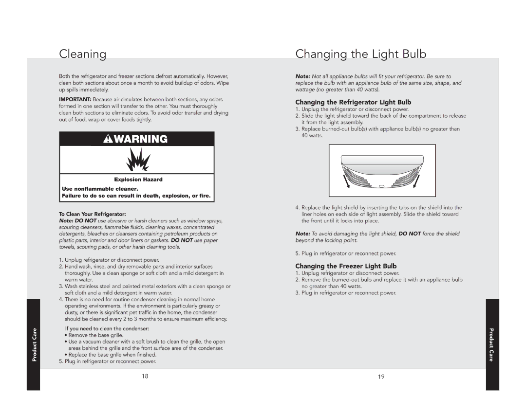 Viking F21168 Cleaning, Changing the Light Bulb, Changing the Refrigerator Light Bulb, Changing the Freezer Light Bulb 