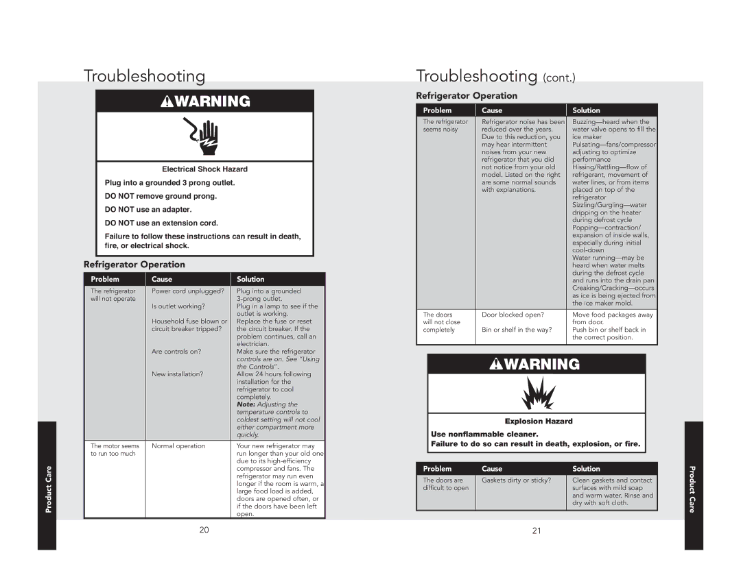 Viking F21168 manual Troubleshooting, Refrigerator Operation 