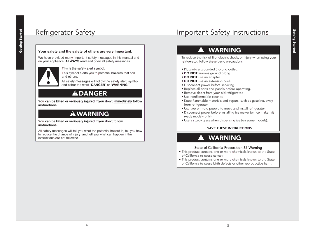 Viking F21168 manual Refrigerator Safety, Important Safety Instructions 