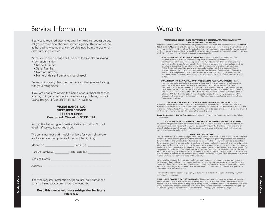 Viking F21168 manual Service Information, Warranty, VIKING RANGE, LLC PREFERRED SERVICE 111 Front Street, Product Care 