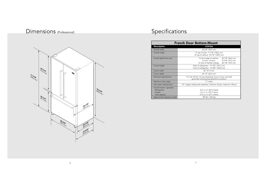 Viking F21169 EN, W10581473 manual Specifications, French Door Bottom-Mount 