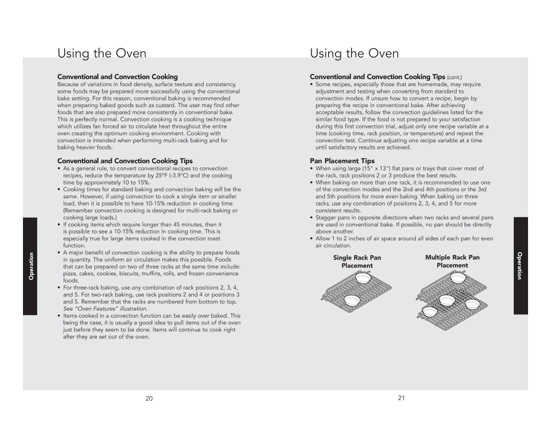 Viking F21192 EN manual Conventional and Convection Cooking Tips, Pan Placement Tips 