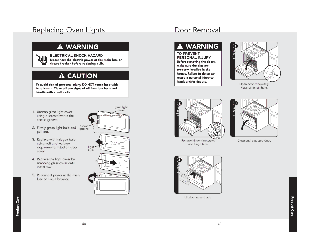 Viking F21192 EN manual Replacing Oven Lights, Door Removal 
