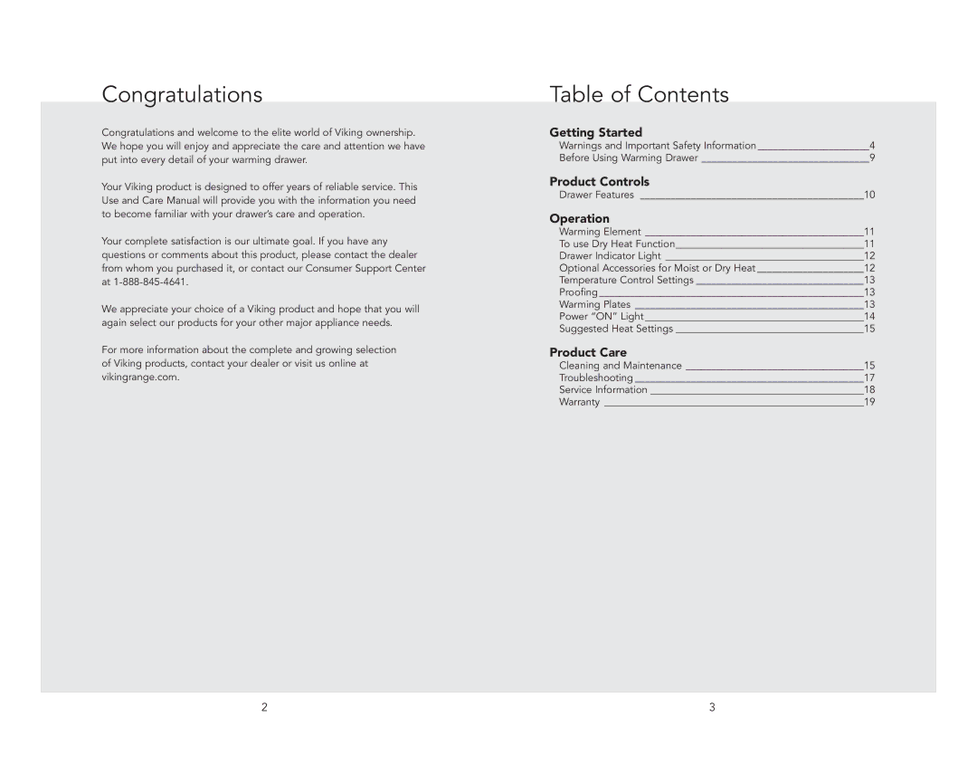 Viking F21200 EN manual Congratulations, Table of Contents 