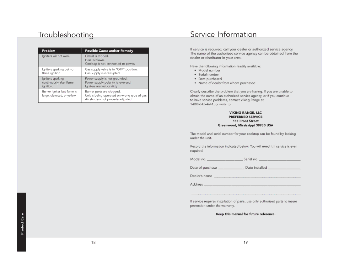 Viking F21208 manual Troubleshooting, Service Information, Possible Cause and/or Remedy 