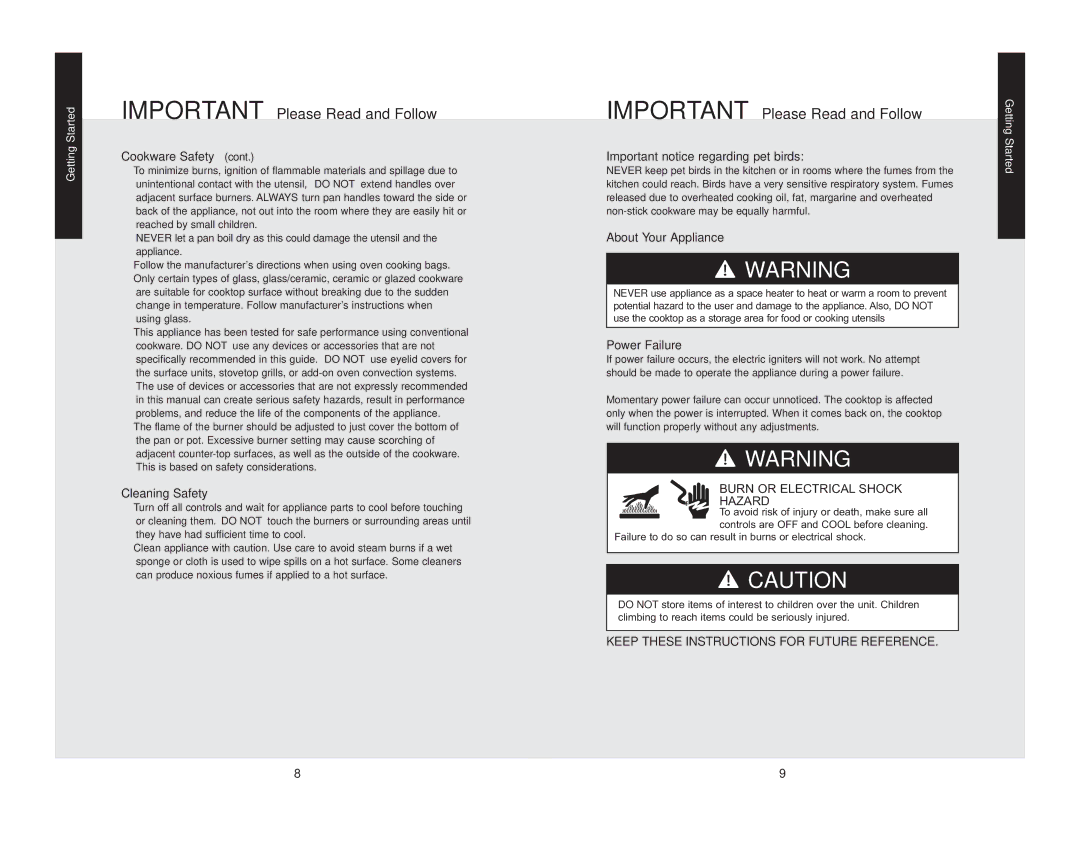 Viking F21208 manual Cleaning Safety, Important notice regarding pet birds, About Your Appliance, Power Failure 